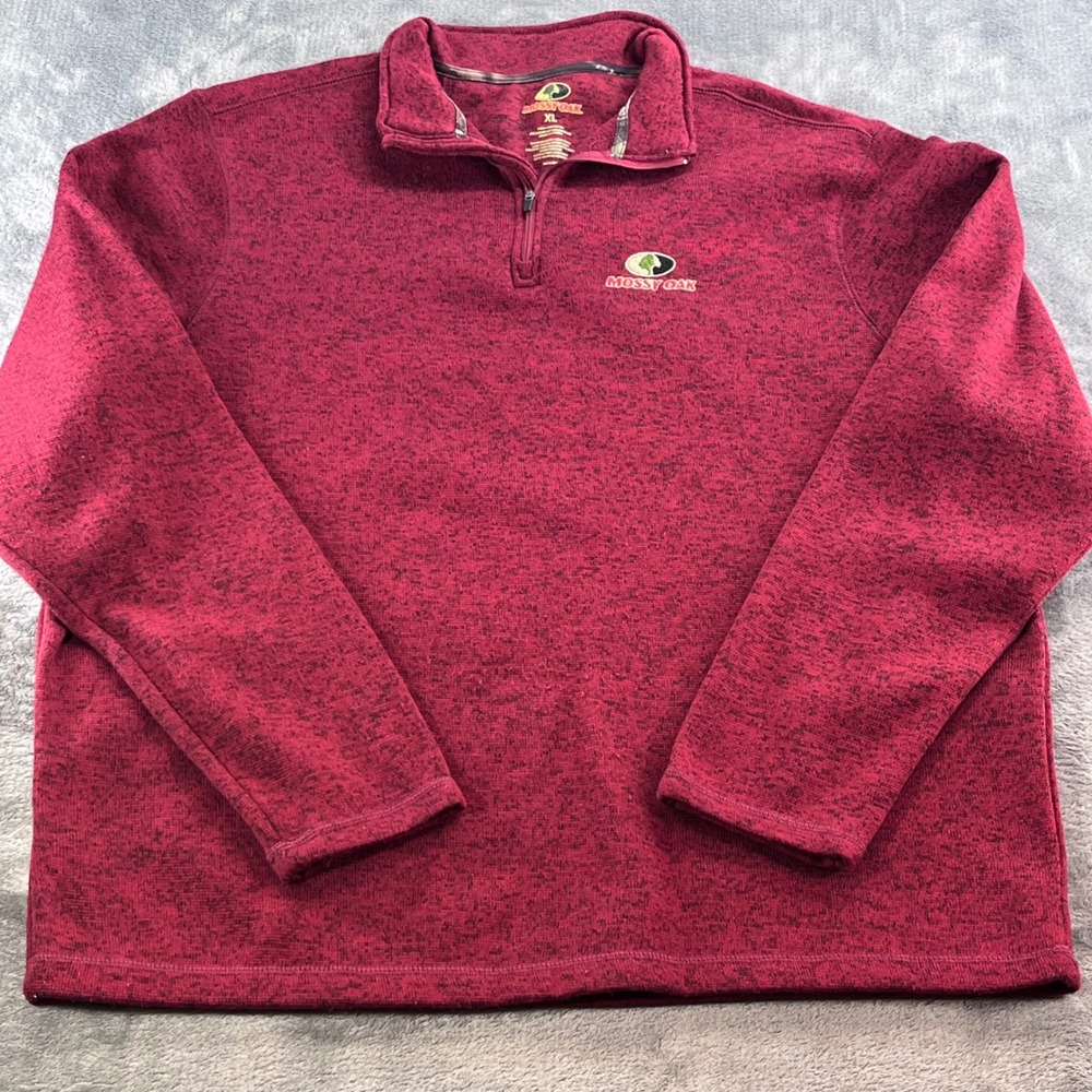 Mossy Oak Mens XL Quarter Zip Pullover Marled Knit Fleece Burgundy Red Top